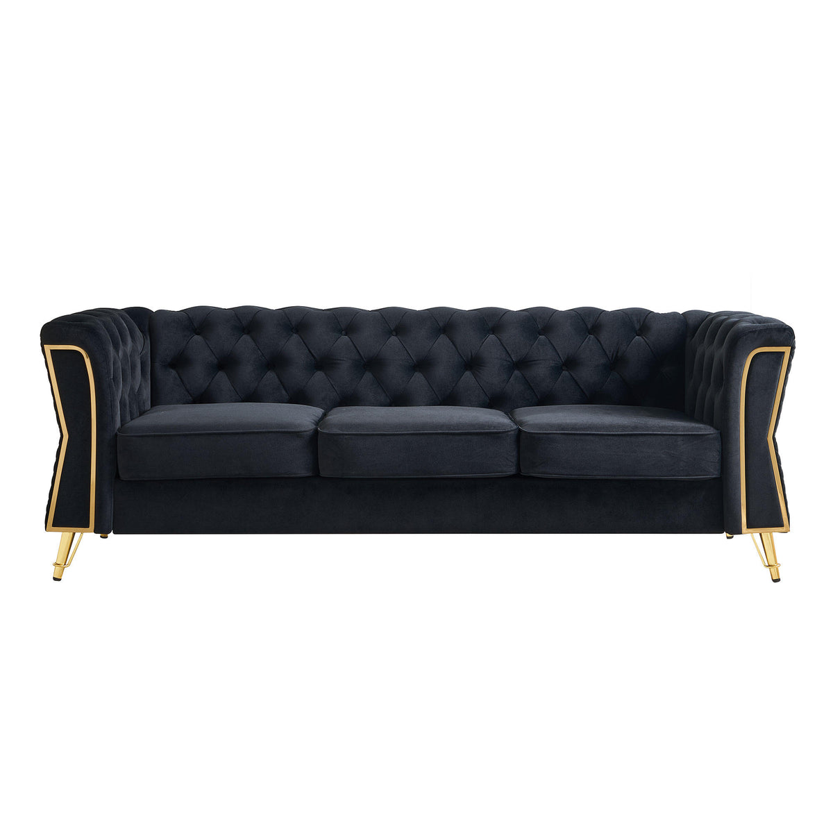 Modern Tufted Velvet Sofa 87.4 inch for Living Room Black Color