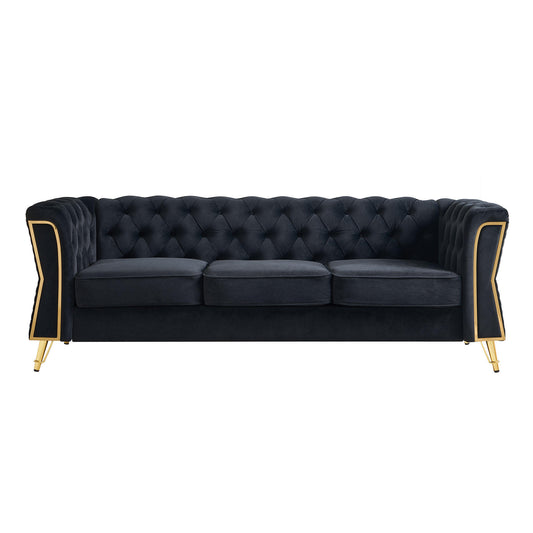 Modern Tufted Velvet Sofa 87.4 inch for Living Room Black Color