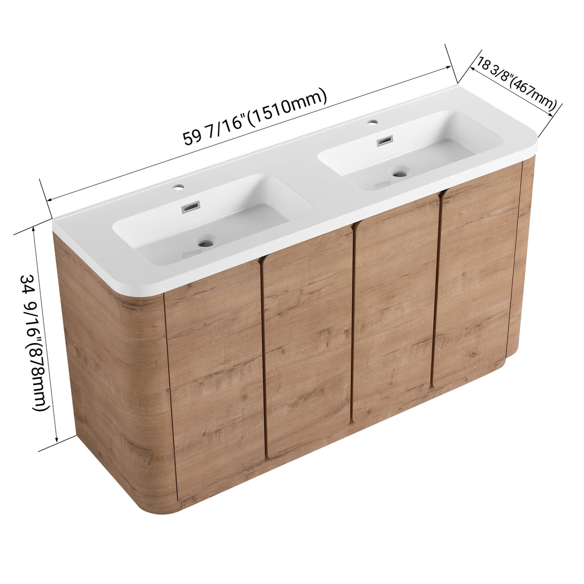 60'' Freestanding Bathroom Vanity with White Resin Sink, 4-Soft-Close Door, KD-Packing, Plywood, Imitative Oak