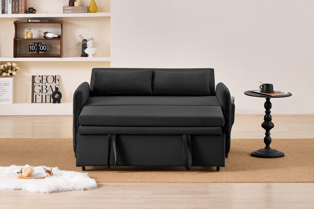51.2' Velvet Convertible Sleeper Sofa Bed, 5-Position Adjustable Backrest Loveseat with Pull-Out Bed, Side Pocket, Multi-Functional 2-Seater Couch for Living Room, Apartment, Small Space