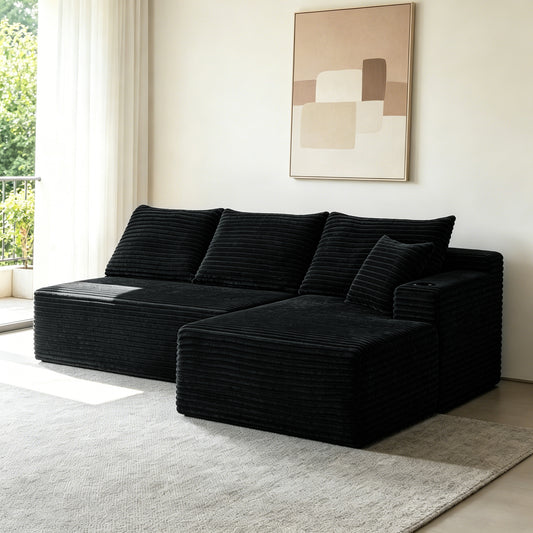 96' Cloud Sectional Couch with L-Shape Chaise,Modern Modular Sofa with Deep Seat, Upholstered Couches for Living Room Bedroom,No Assembly Required and Cup holde, (Plush Fabric),Black