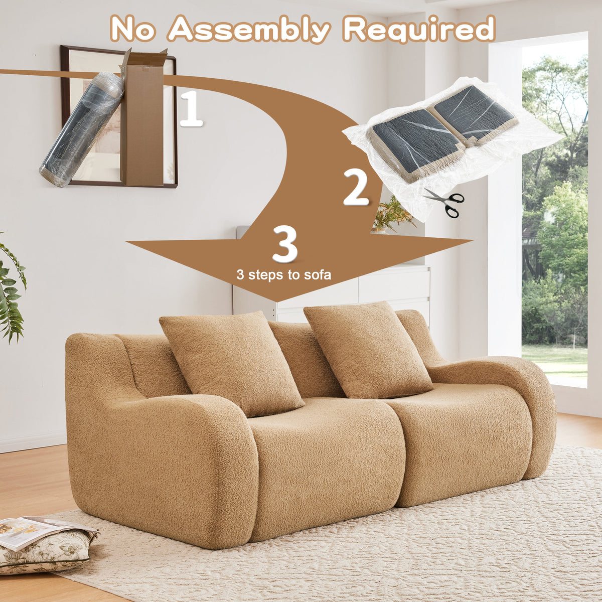 Soft Teddy Fabric Boneless Sofa, No Assembly Required Streamlined Design