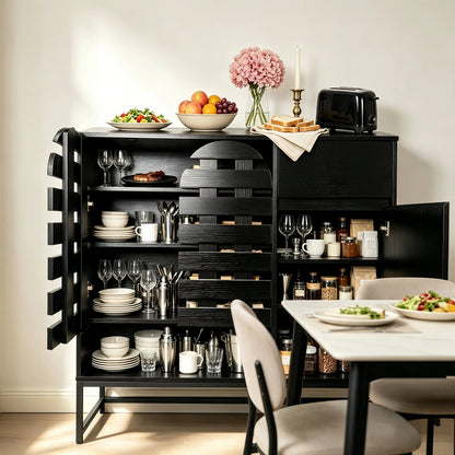 Buffet Cabinet with Storage: 44.49"Black Woven Door Accent Cabinets,with Arched Doors,with Multi layer Adjustable,with Metal Leg,woven door and drawer - for Kitchen Living Dining Room Entryway