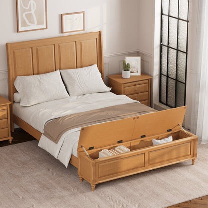 Queen Bed Frame with Tall Headboard and Storage Bench,Soild Wood Sleigh Bed with 64" Storage Chest,No Box Spring Needed, Natural
