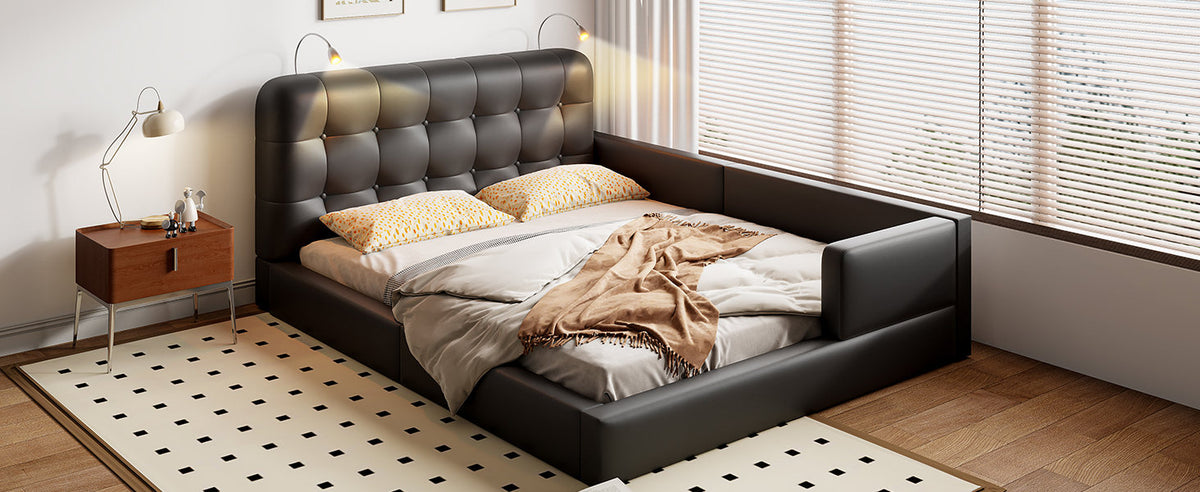 Queen Size Upholstered Platform Bed with 2 Reading Lights, Black
