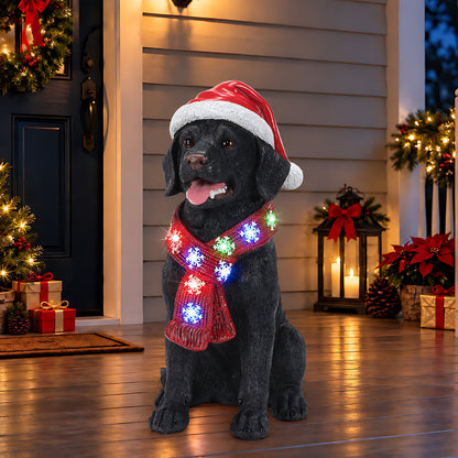 Lighted Christmas Golden Retriever Dog Statue, Santa Hat Puppy Figurine with LED Scarf