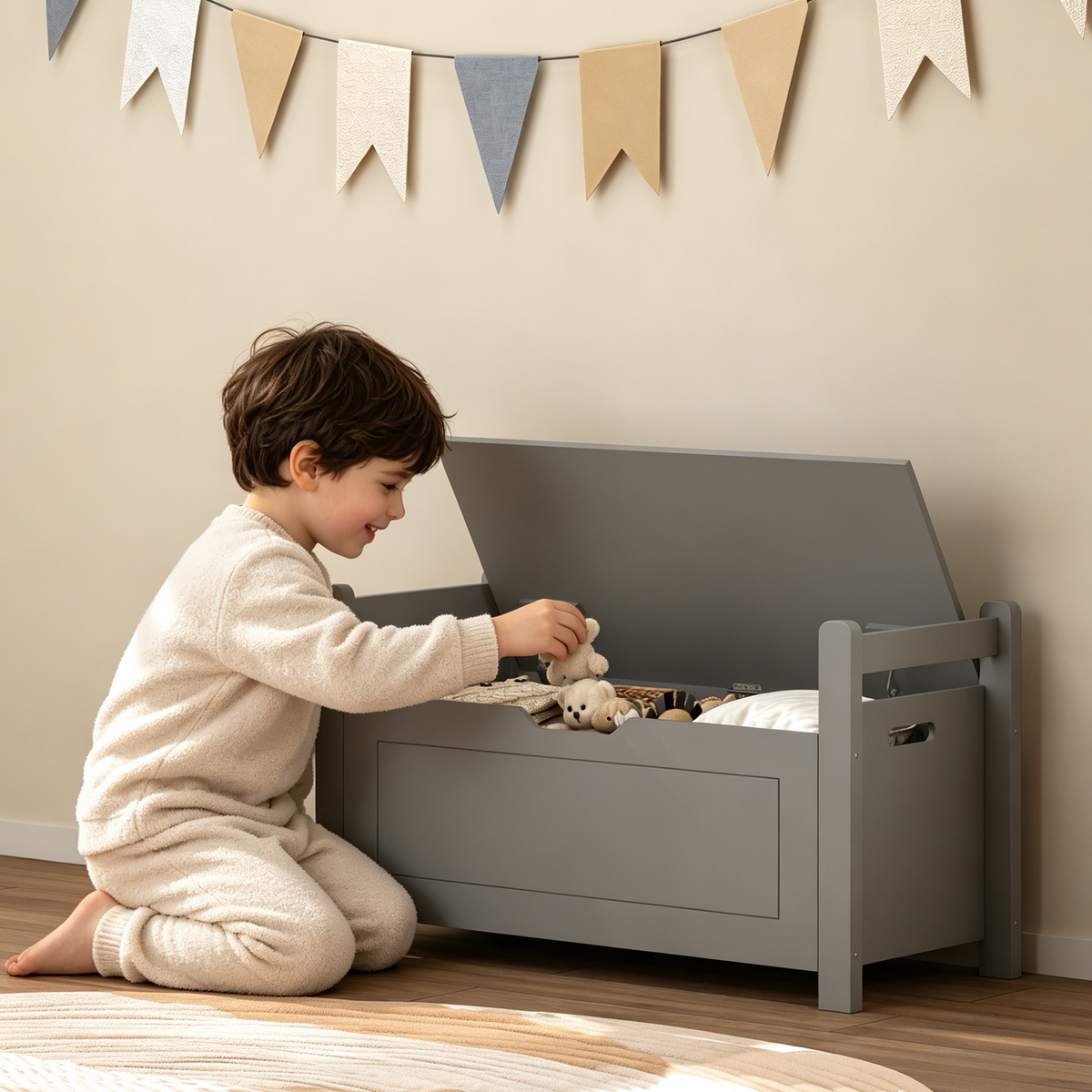 Kids Toy Box Chest for Boys Girls, Large Storage Cabinet with Cushion Seat Bench/ Flip-Top Lid/ Safety Hinge, Toy Storage Organizer Trunk for Nursery, Playroom (Gray)