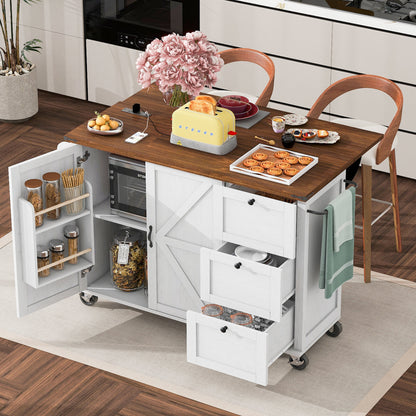 K&K 54.5" Farmhouse Kitchen Island with Power Outlet, Kitchen Storage Island with Internal Storage Rack, Drop Leaf, Spice Rack