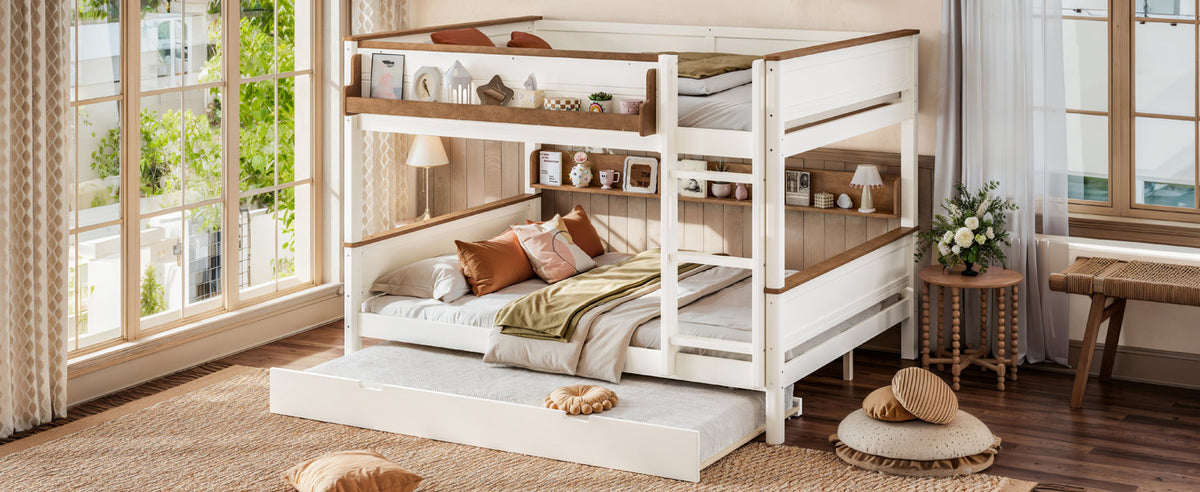 Queen over Queen Wood Bunk Bed with Pull-out Trundle Bed, Side Storage Shelf, Detachable Bunk Bed Frame, Convertible Into 2 Separate Beds for Kids Teens Adults, Beige&Natural