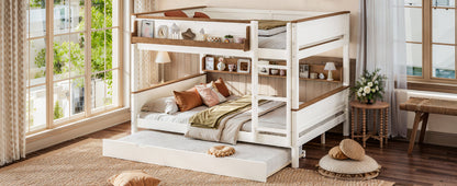 Queen over Queen Wood Bunk Bed with Pull-out Trundle Bed, Side Storage Shelf, Detachable Bunk Bed Frame, Convertible Into 2 Separate Beds for Kids Teens Adults, Beige&Natural