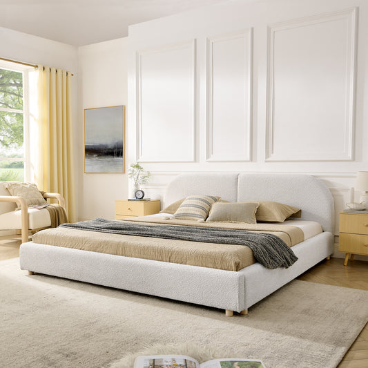 King Size Upholstered Bed Frame, Modern Minimalist Style with Tall Curved Headboard, Premium Circle Yarn Fabric & Sturdy Leg Support