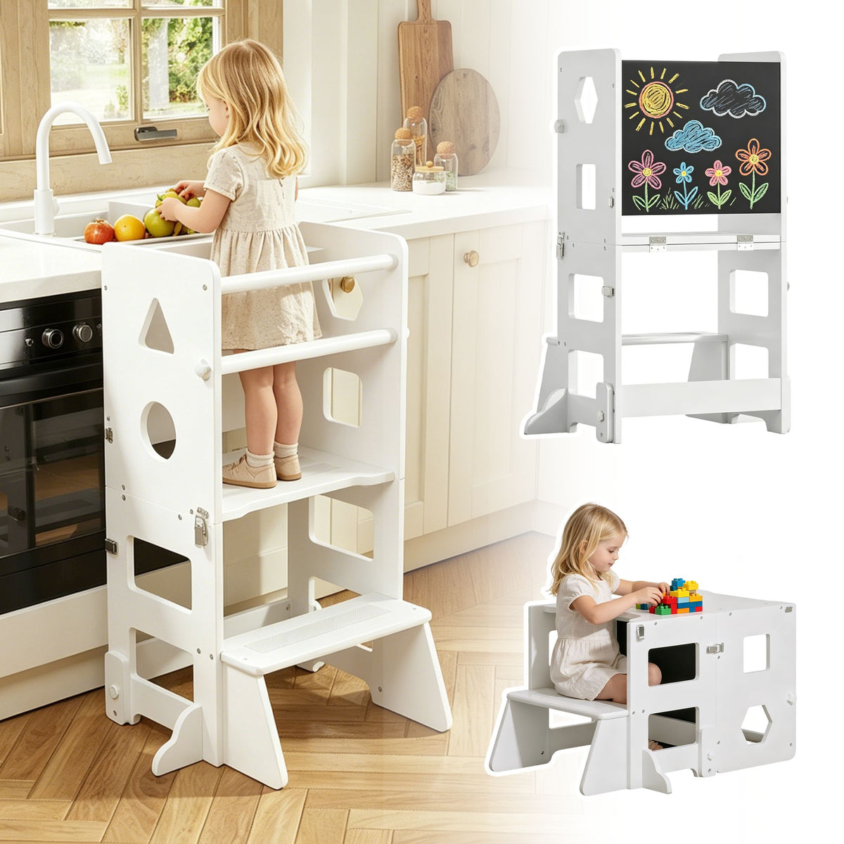 4-in-1 Toddler Kitchen Step Stool,Foldable Learning Standing Tower with Blackboard, Wooden Kitchen Stool Helper for Kids, 1-3 Year Old Boy Girl Gifts(White)