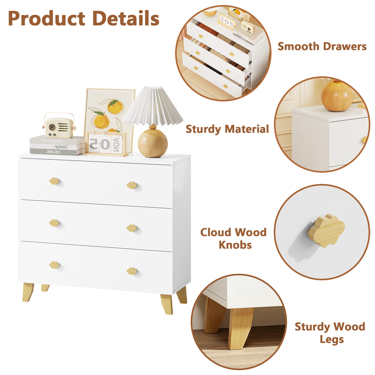 Kids Dresser with 3 Drawers, Wooden Cloud Handles & Pine Legs, MDF Chest of Drawers for Kids Room, Nursery Storage Cabinet, White