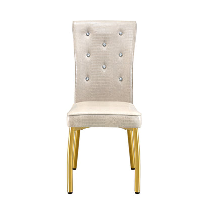 A set of 2 beige and gold vintage crocodile leather cushioned dining chairs, featuring crystal clasp design and artificial leather design, adding a touch of elegance and mystery to the dining area