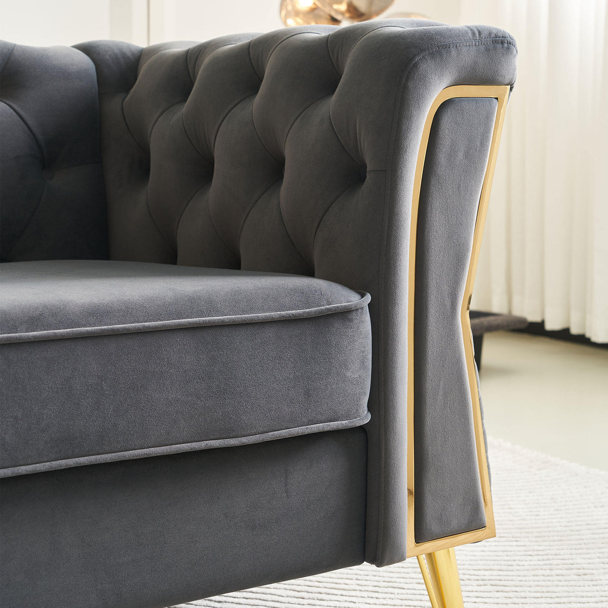 Modern Tufted Velvet Sofa 87.4 inch for Living Room Dark Grey Color