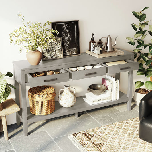 U_STYLE 59.1'' Farmhouse Entryway Table with 3 Drawers, Painted Console Table with Bottom Shelf & Iron Handles, Minimalist Sofa Table – Gray