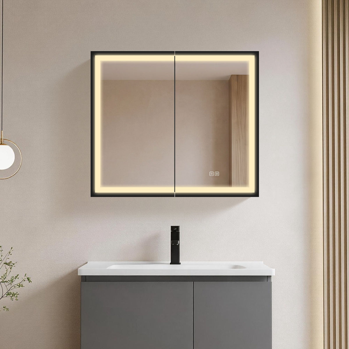 30*26 inch Black Metal Framed Wall mount LED Bathroom Medicine Cabinet with Mirror