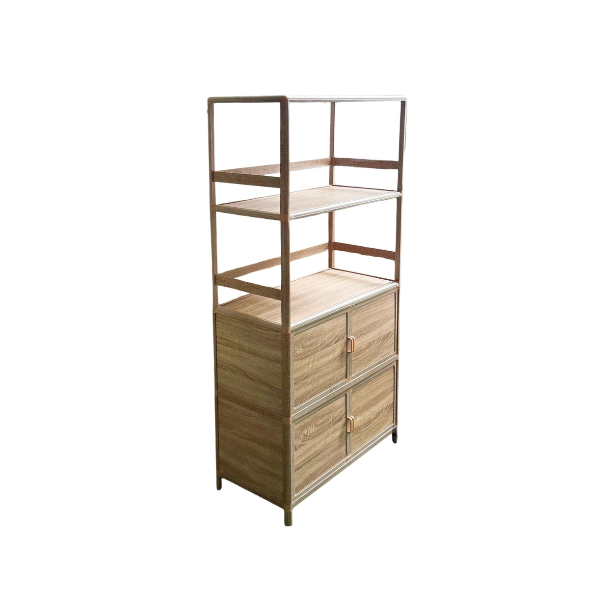 Tall Storage Cabinet with Open Shelving, 35.00" W x 16.73" D x 68.11" H, Freestanding Wood-Grain Aluminum Storage Cabinet with 4-Door Closed Storage for Kitchen, Entryway, Patio & Garage