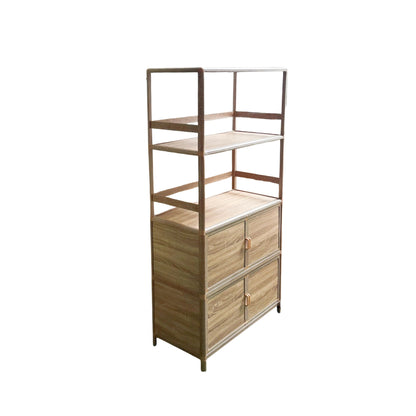 Tall Storage Cabinet with Open Shelving, 35.00" W x 16.73" D x 68.11" H, Freestanding Wood-Grain Aluminum Storage Cabinet with 4-Door Closed Storage for Kitchen, Entryway, Patio & Garage