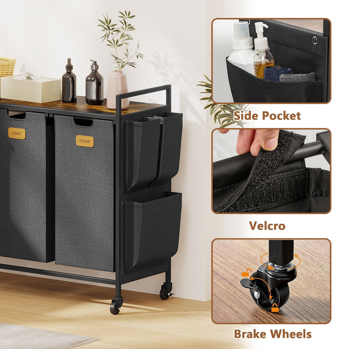 2 Section Laundry Hamper, Laundry Sorter with Wheels, Laundry Basket Organizer with Shelf & 2 Pull-Out Removable Bags, Dirty Clothes Hamper Organizer for Laundry Room Bathroom Dorm ,26.4 gallons(100L)