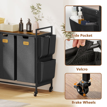 2 Section Laundry Hamper, Laundry Sorter with Wheels, Laundry Basket Organizer with Shelf & 2 Pull-Out Removable Bags, Dirty Clothes Hamper Organizer for Laundry Room Bathroom Dorm ,26.4 gallons(100L)