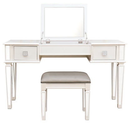 Elegant Mirrored Vanity Desk Set with Drawers and Flip-Up Mirror, Silver Finish, Glass and Wood, 54'' x 18'' x 30''