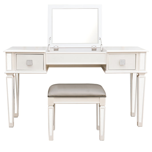 Elegant Mirrored Vanity Desk Set with Drawers and Flip-Up Mirror, Silver Finish, Glass and Wood, 54'' x 18'' x 30''