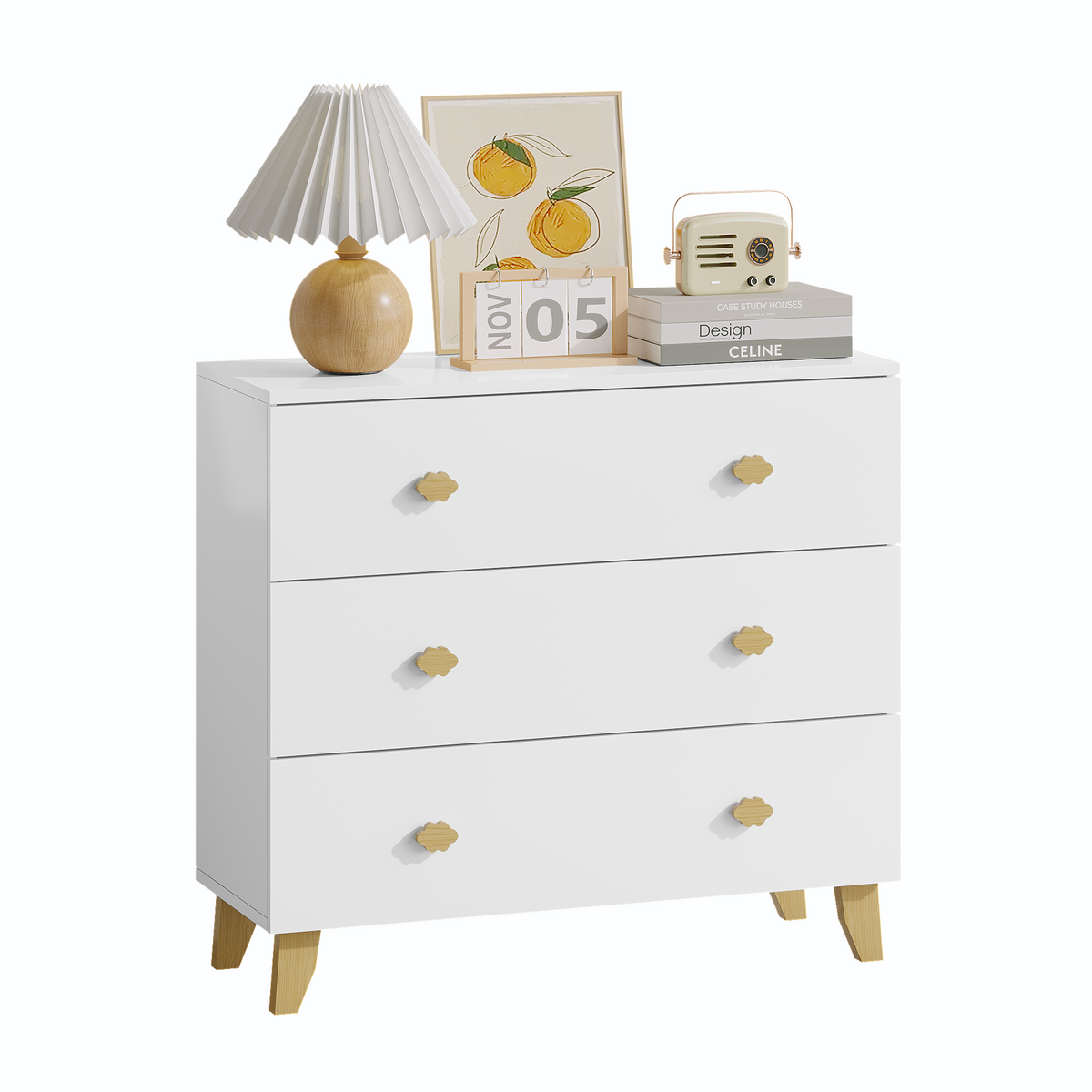 Kids Dresser with 3 Drawers, Wooden Cloud Handles & Pine Legs, MDF Chest of Drawers for Kids Room, Nursery Storage Cabinet, White