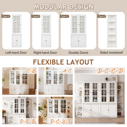 75.25'' Tall Freestanding Pantry Cabinet with Glass Door & Lattice Window, Farmhouse Display Cabinets with Storage, Hutch with Double-Action LH&RH Door, for Hallways, Livingroom Kitchen & Office,White