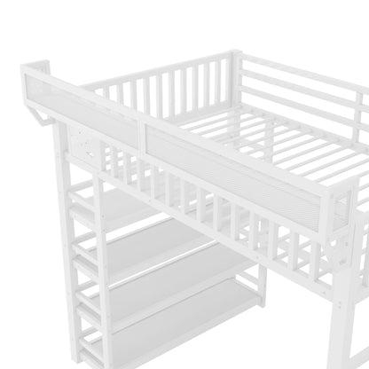 Full Loft Bed with 4 Shelf Storage Rack and Charging Station,Metal Full Loft Bed with Stairs Storage for Kids Teens, Patent Products,White(Old skuW2580S00075)