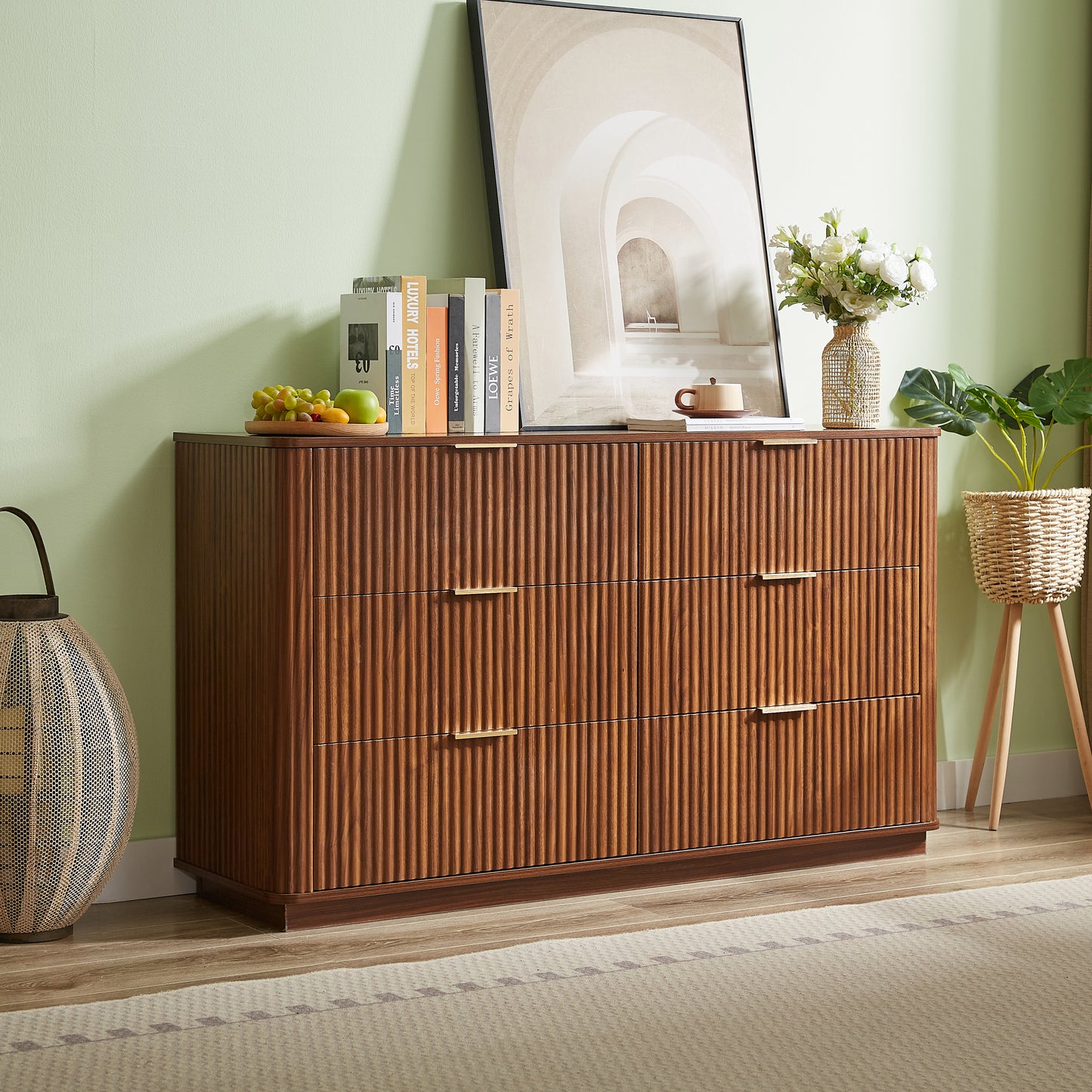 6 Drawers Dresser,55' Wide Modern Chest of Drawers Curved wave Design, Dresser TV Stand, Wood Drawer Organizer for Bedroom, Living Room, Hallway, Walnut,55.12''W x 15.75''D x 31.5''H.