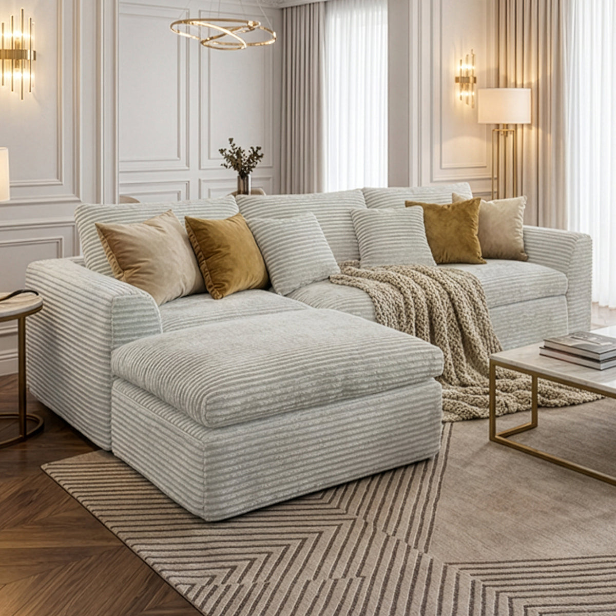 108-inch high-resilience boneless sponge sofa with 30 density, double-layer cloud-like cushions, multiple combination options, no installation required/ Off-White