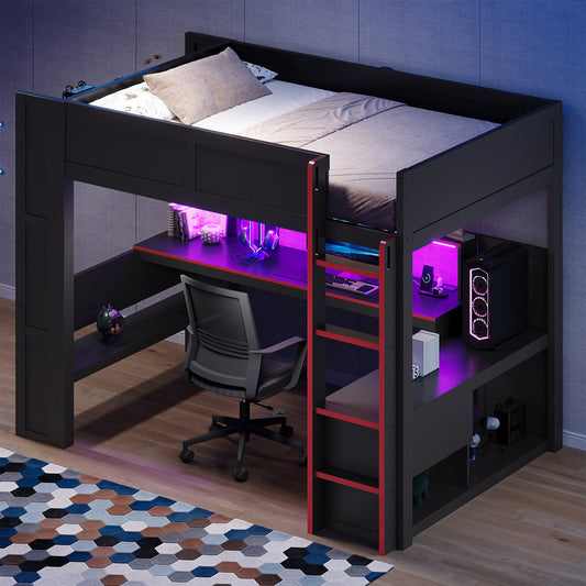 Wood Full Size Gaming Loft Bed with Desk, Multi-storage Shelves, LED and Charging Station, Black+Red