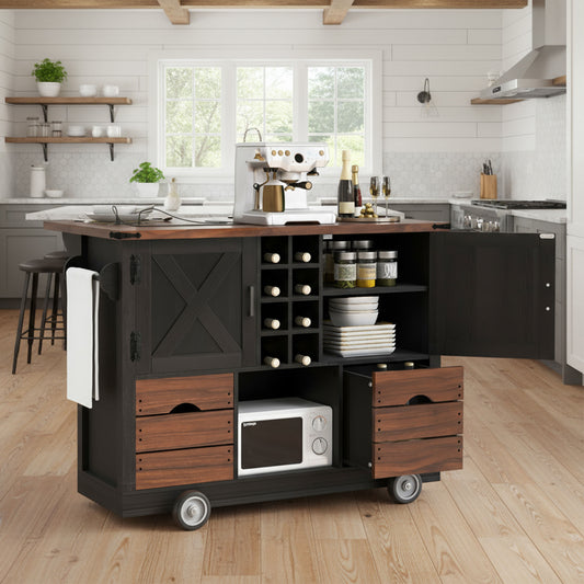 K&K 54" Farmhouse Kitchen Island with Drop Leaf, Power Outlet, Kitchen Storage Cart with 2 Doors, 2 Drawers