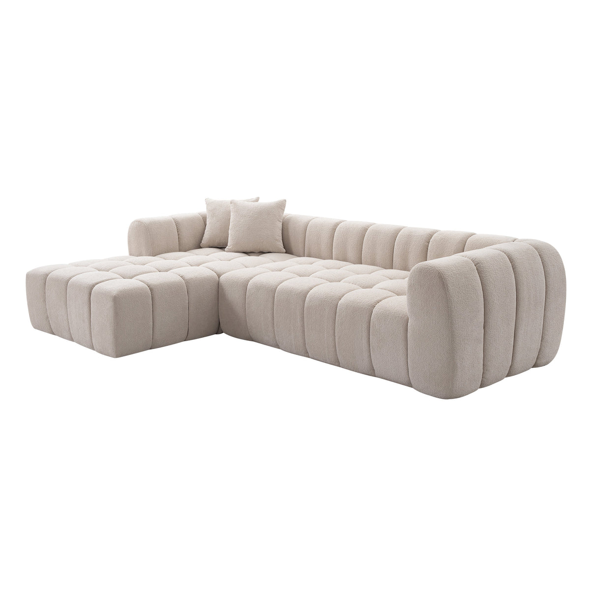 111.3" Camel Tufted Bubble Modular Sectional Sofa, Vacuum Compressed Foam L Shape Cloud Couch, Boucle Teddy Fabric Plush Corner Sofa with Pillows, Boneless Compression Sofa for Living Room.
