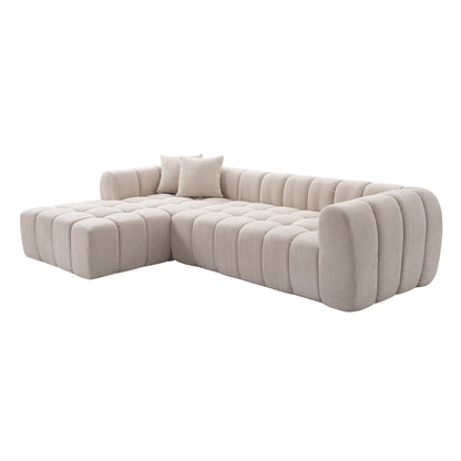 111.3" Camel Tufted Bubble Modular Sectional Sofa, Vacuum Compressed Foam L Shape Cloud Couch, Boucle Teddy Fabric Plush Corner Sofa with Pillows, Boneless Compression Sofa for Living Room.