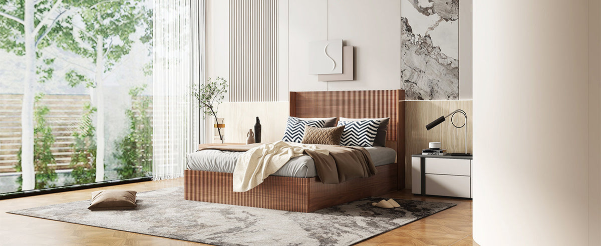 (Queen size) bed frame with a grooved and undulating lifting storage function, featuring a lifting storage feature, safe and beautiful / without noise, a wooden slat platform bed frame in a natural