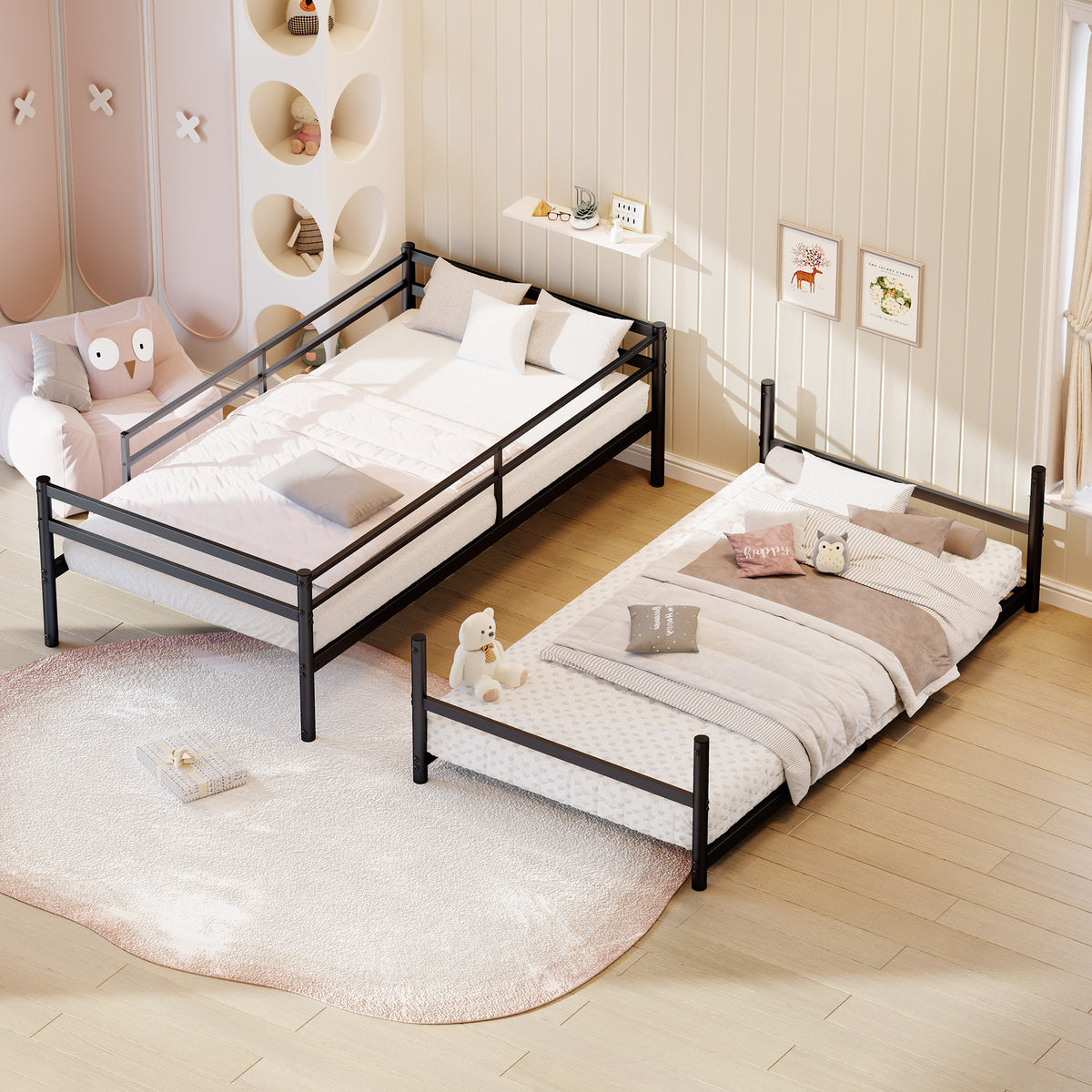 Heavy Duty Metal Twin Over Twin Bunk Bed, Convertible to 2 Separated Twin Beds, Noise-Free Steel Frame with Rubber Anti-Slip Ladder & 11.3" Guardrails, 400/485 LBS Weight Capacity, Black