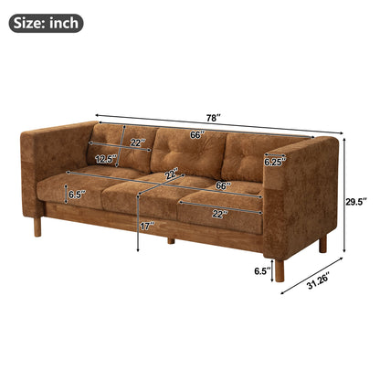 78" Modern 3 Seater Sofa Chenille Upholstered Couch with Square Arms, Tufted Pillow Back & Natural Rubber Wood Legs Multi Cushion Sofa for Living Room and Apartment Leisure Corner, Orange