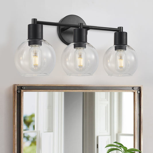 Modern Industrial Black Metal 3-Light Globe Bathroom Vanity Light with Clear Glass Shades, Wall Sconce for Bedroom, Hallway, No Bulbs Included