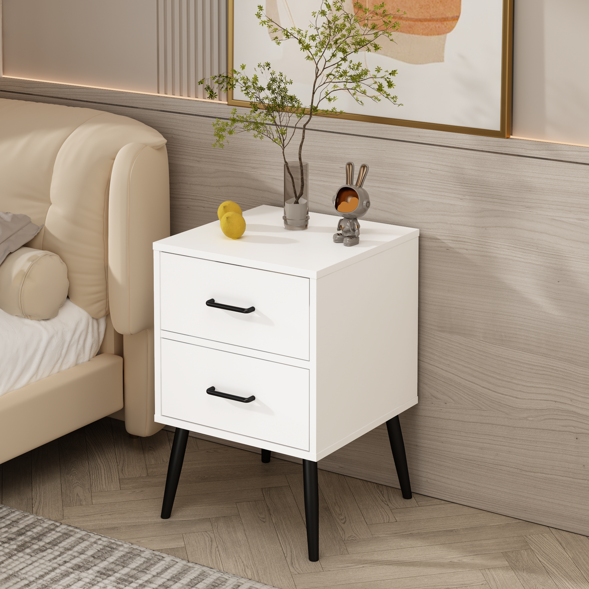2-Drawer Nightstand with Metal Legs and Metal Handles, Modern White Bedside Table, Small End Table, Living Room or Apartment