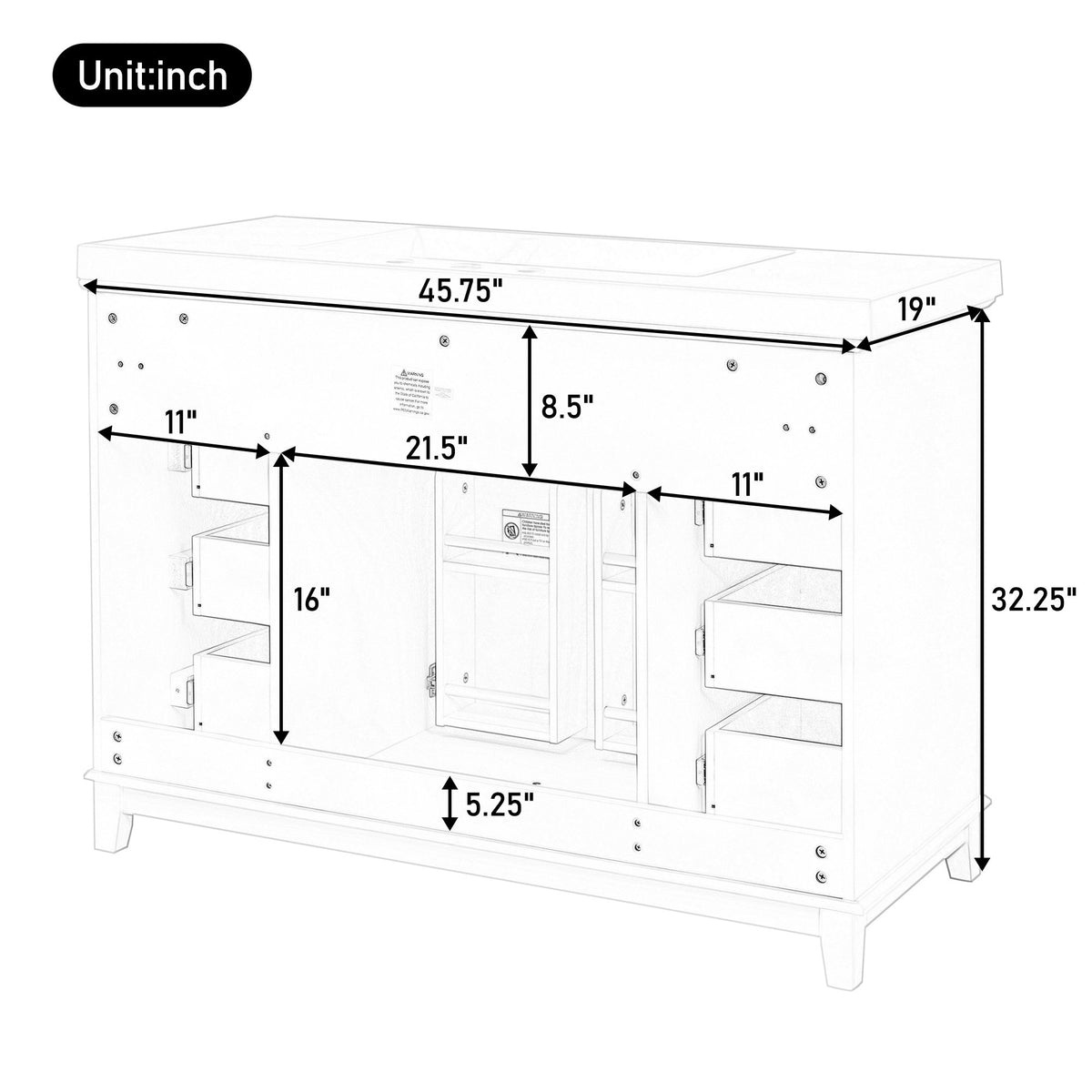 46" Bathroom Vanity without Sink, Cabinet Only, Soft-Close 6 Drawers & Double Doors with 2-Tier Shelves, Solid Pine Legs, White (Same SKU: N759P351752K)