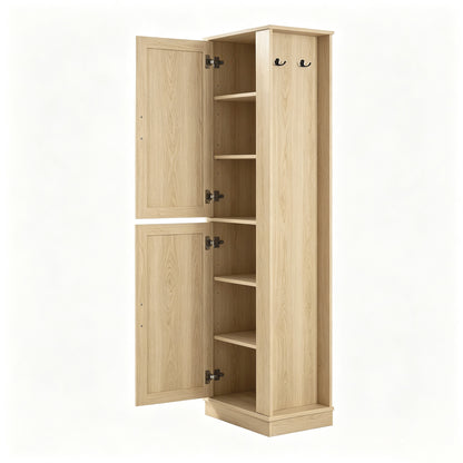 Tall Bathroom Storage Cabinet, Freestanding Storage Cabinet with Hook and Adjustable Shelf, MDF Board, Natural