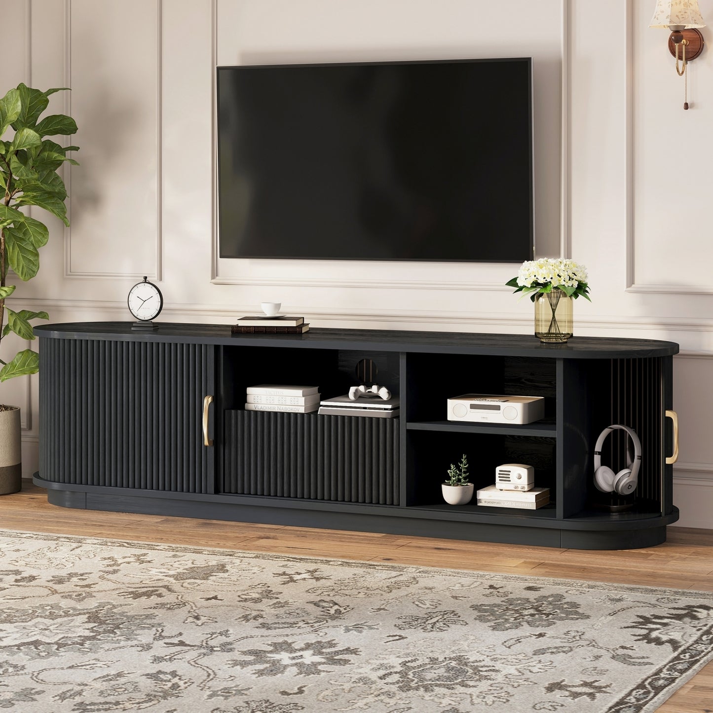 Vintage Rustic TV Stand with Sliding Wood Slatted Doors for TVs up to 75', Farmhouse Fluted TV Cabinet with Drawer, Wood Grain Media Console with Cable Management for Living Room, Bedroom, Black