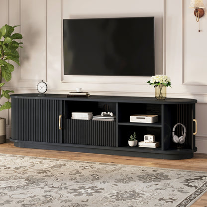 Vintage Rustic TV Stand with Sliding Wood Slatted Doors for TVs up to 75', Farmhouse Fluted TV Cabinet with Drawer, Wood Grain Media Console with Cable Management for Living Room, Bedroom, Black
