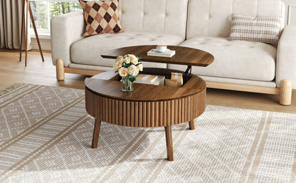 Modern Round Lift-Top Coffee Table with Half Flip-Top & Hidden Storage, Solid Wood Mid-Century Coffee Table with Fluted Design, 30.3' Walnut Space-Saving Center Table for Living Room