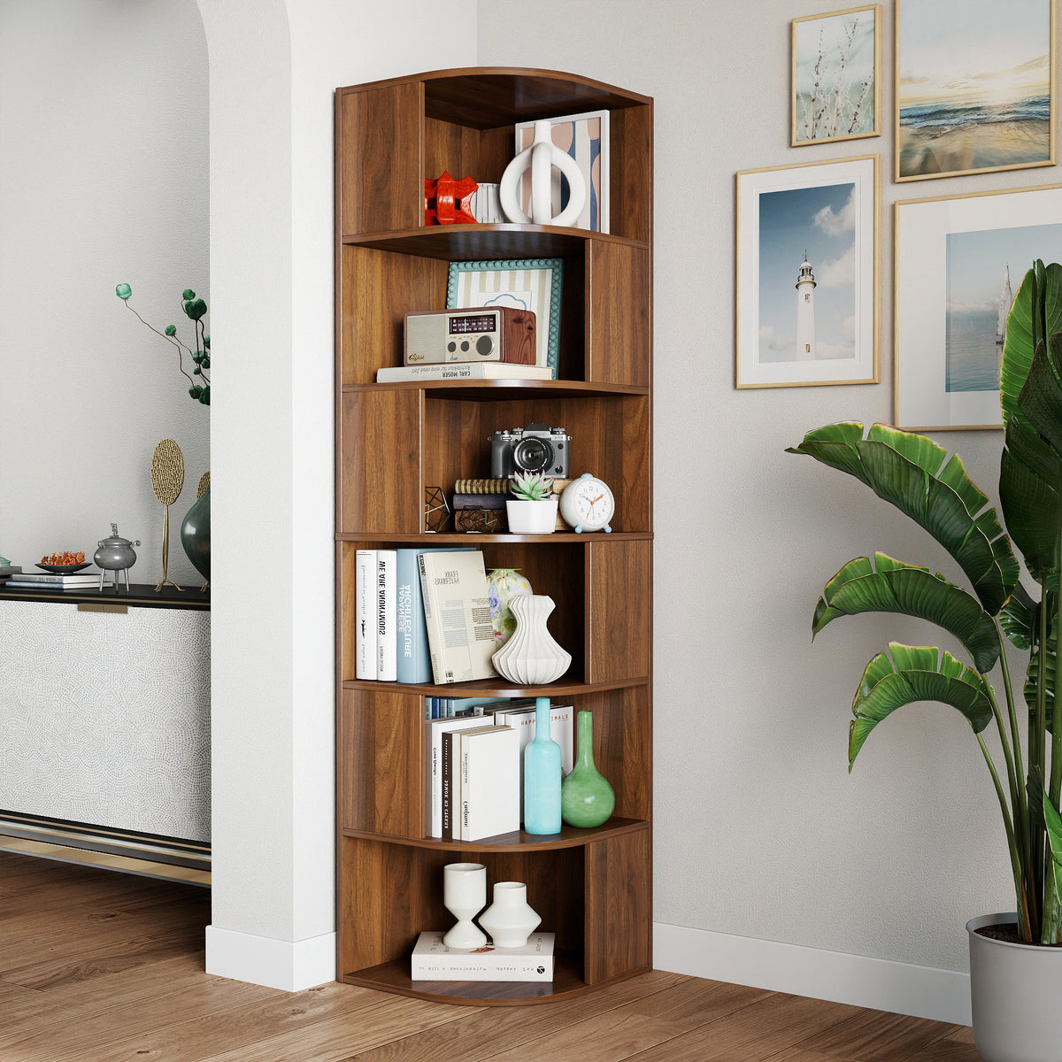Corner Bookshelf, 6-Tier Modern Corner Book Shelf with Baffle