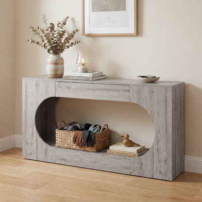 Modern Grey Wood Grain Console Table, Particle Board Entryway Table with Storage Drawer, Hollow Oval Cutout Narrow Sofa Accent Table for Hall Foyer Li