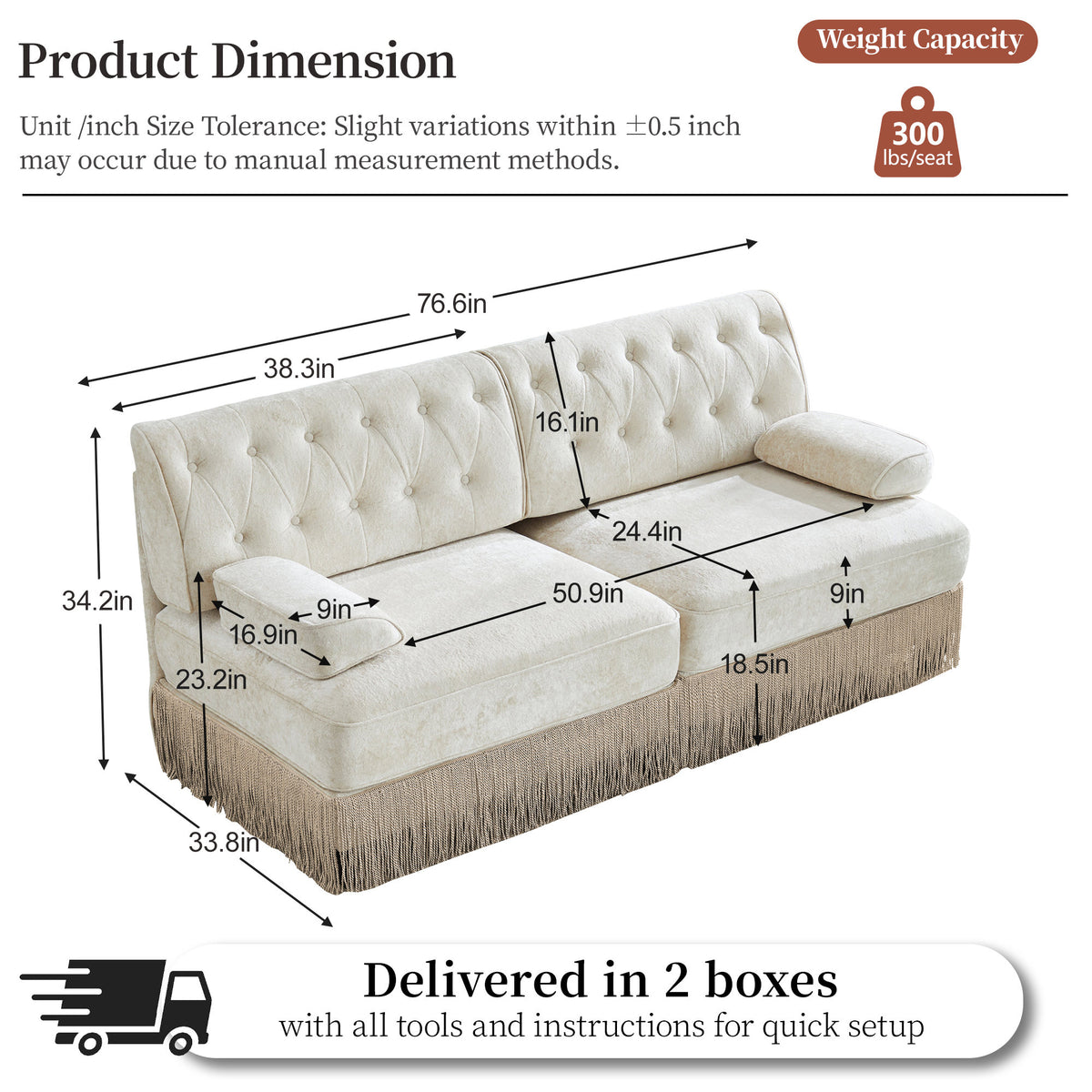 Soft Velvet Fabric Chesterfield Style Sofa, Button Tufted Design, Floor-grazing Tassel Fringe Skirt, Easy to Assemble, Free Combination
