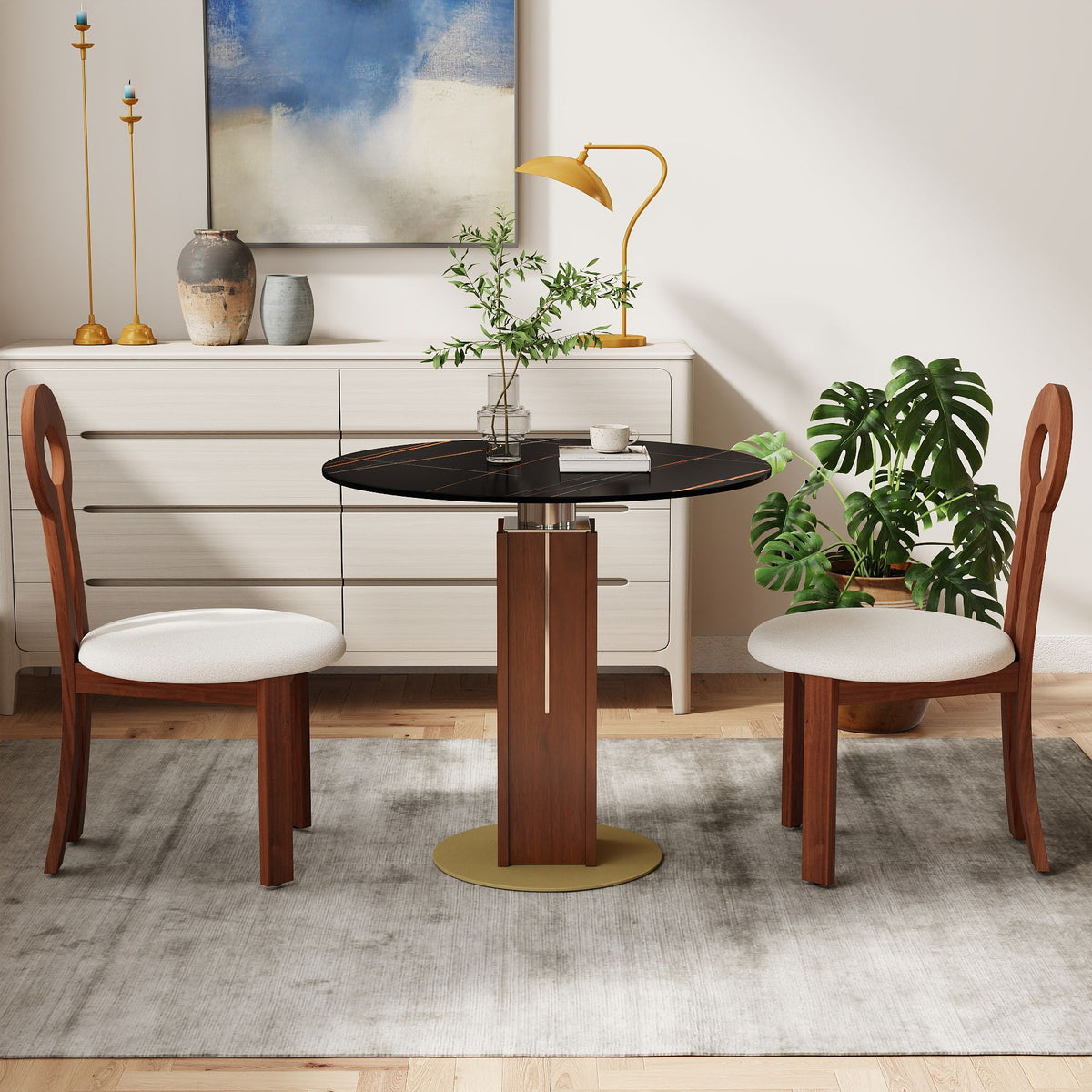 Φ85cm Round Slate Dining table, 12mm Black Desktop, Walnut Column, 2 - Person Kitchen Table for Small Space, 150lbs Weight Capacity(Only the Negotiation Table)
